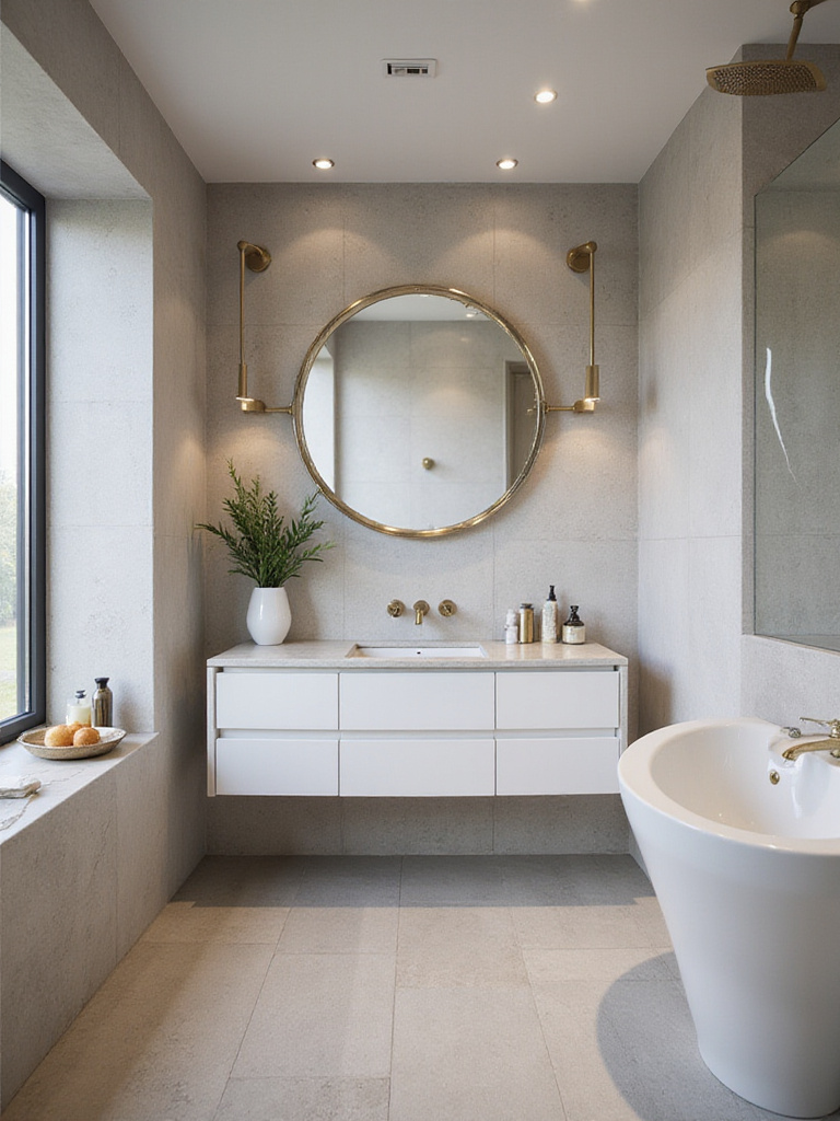 Modern bathroom with brushed gold fixtures and metallic accents