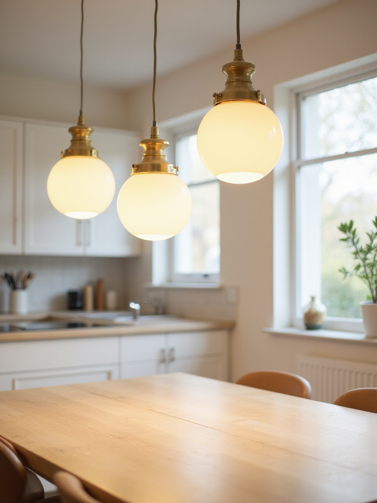 Modern kitchen dining area with three frosted glass globe pendant lights hanging over a light wood table.