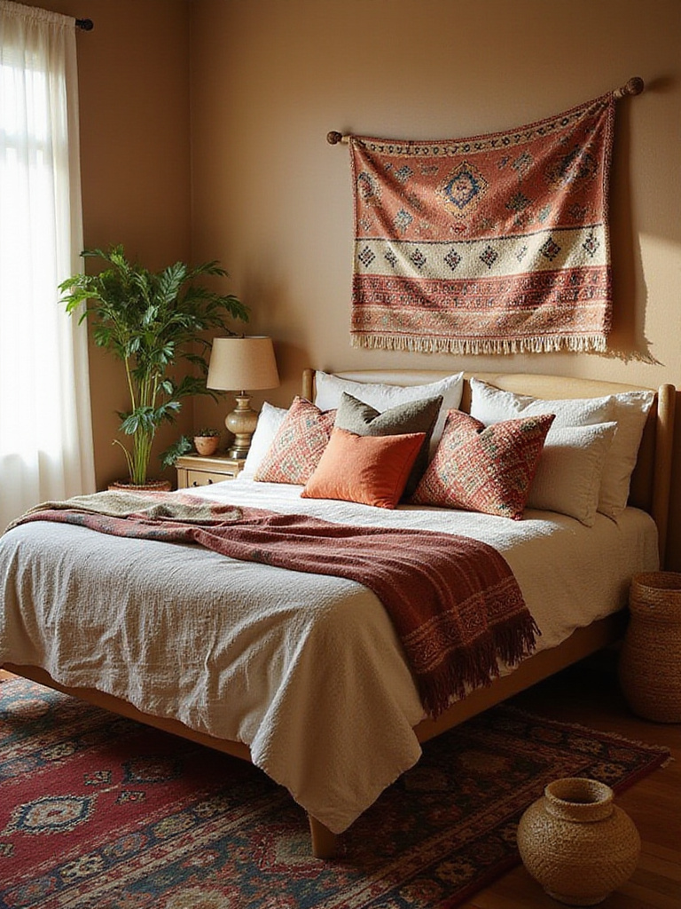 Boho bedroom with global-inspired textiles and exotic patterns, including Moroccan rug, Indian cushions, and Turkish throw.