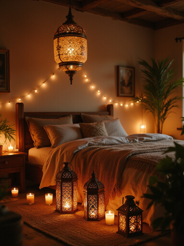 Boho bedroom with soft candle and lantern lighting creating a relaxing ambiance.