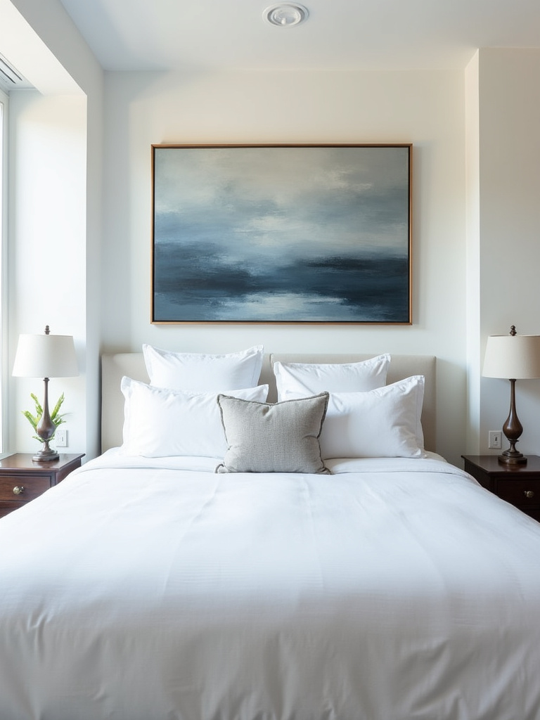 Oversized abstract art above a bed in a modern bedroom.