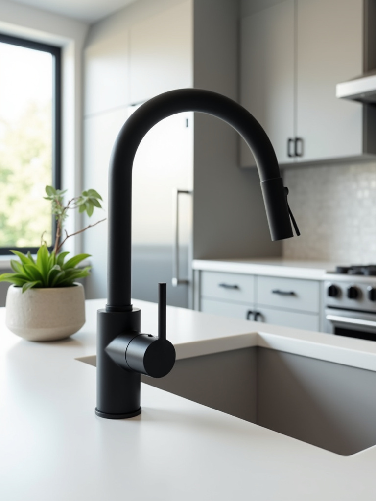 Matte black kitchen faucet in a contemporary kitchen setting