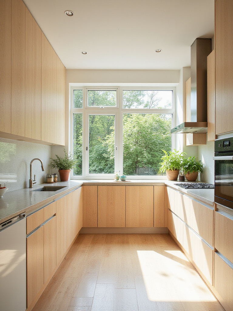 Bright and airy kitchen featuring sustainable, light-colored organic wood cabinets and a lush garden view, promoting eco-friendly design.