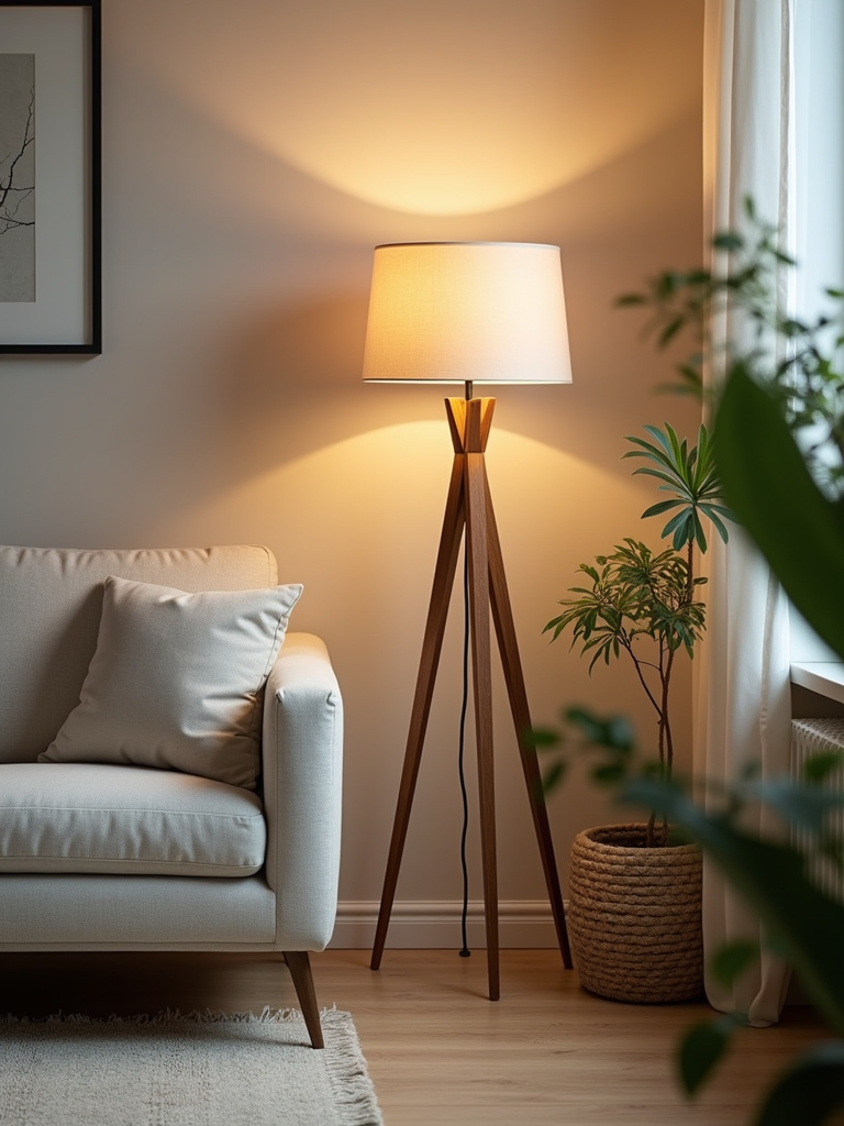 Living room with tall floor lamp providing soft, ambient lighting and adding height to the space.