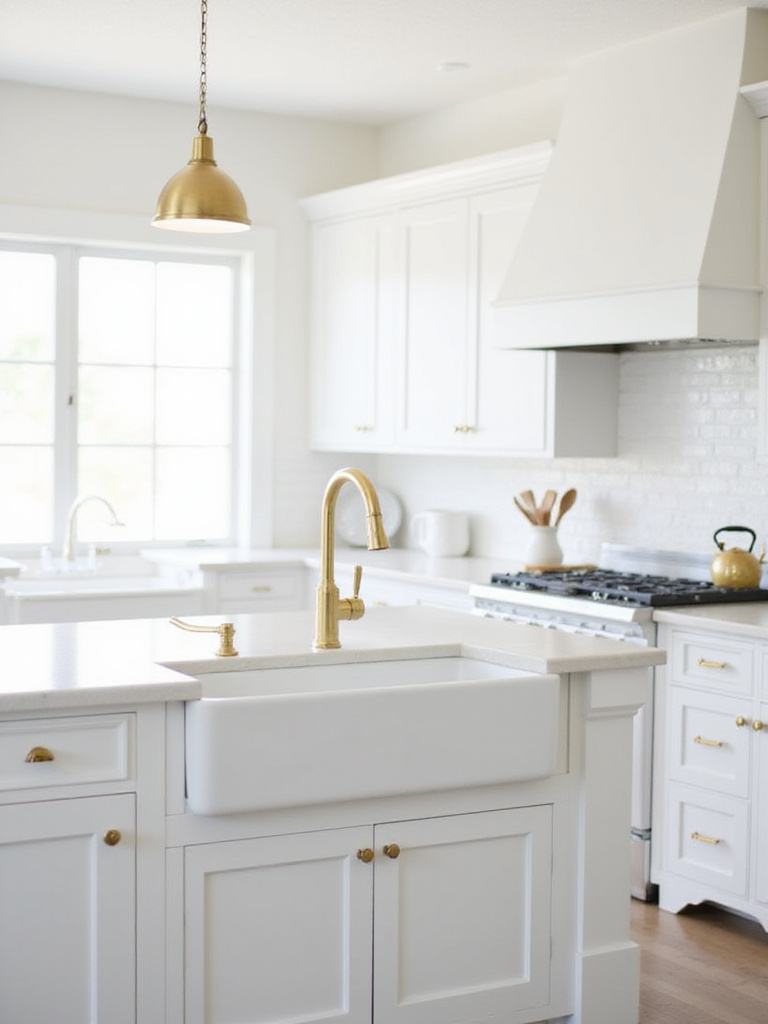 Kitchen with white cabinets and gold faucet and hardware.