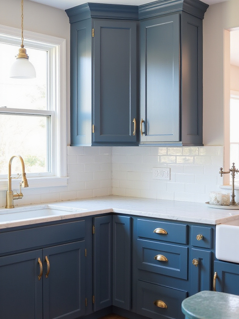 Navy blue kitchen cabinets with brushed gold hardware and white marble countertops.