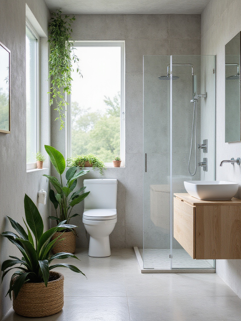 Modern bathroom with grey walls, light wood vanity, and various green plants adding a natural touch.