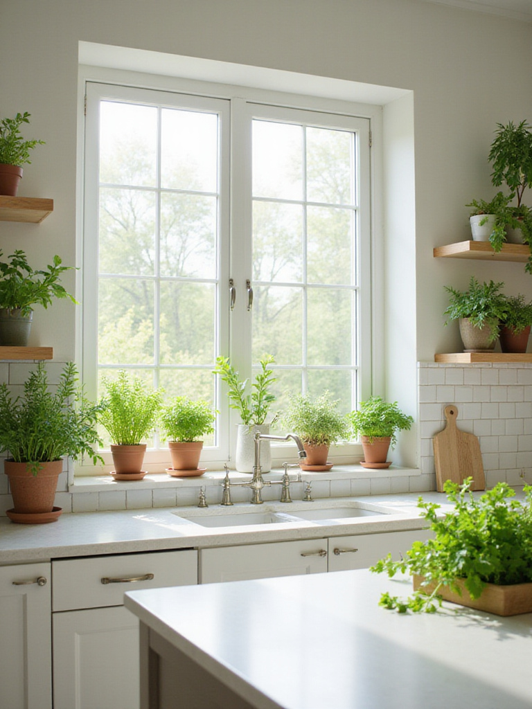 Bright modern kitchen with lush green herbs and plants, creating a natural oasis