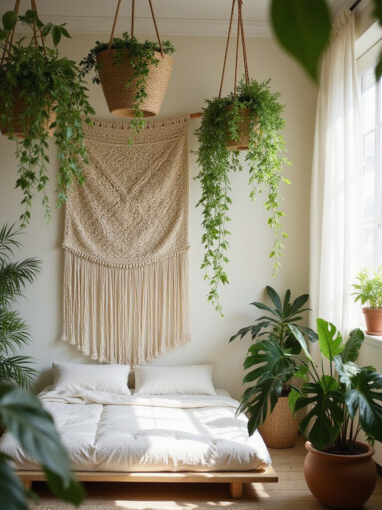 Boho bedroom filled with lush indoor plants, creating a green oasis.