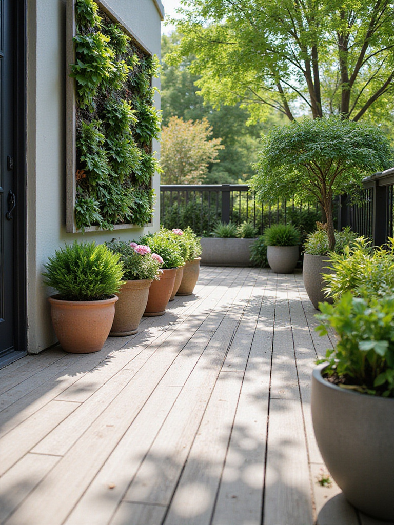 Lush deck garden with diverse plants in stylish planters.