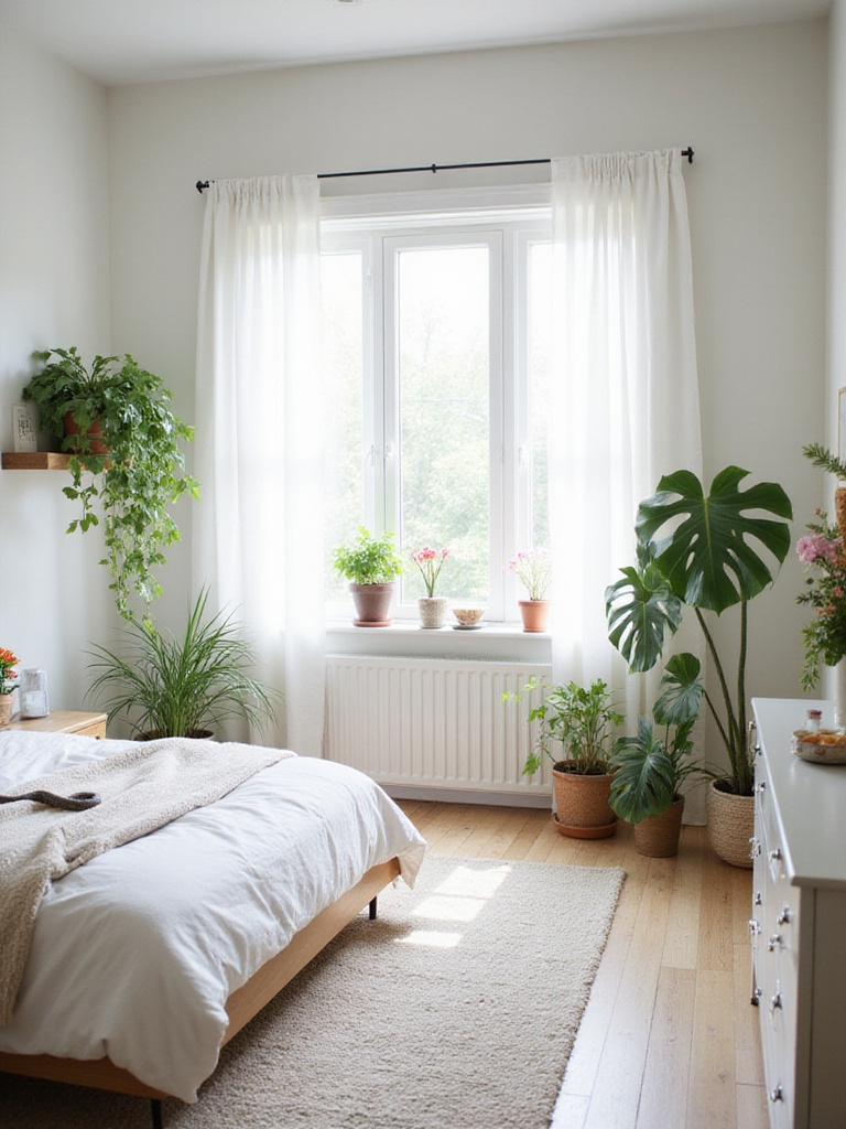 Bright bedroom with lush green plants and fresh flowers, creating a calming and natural atmosphere.