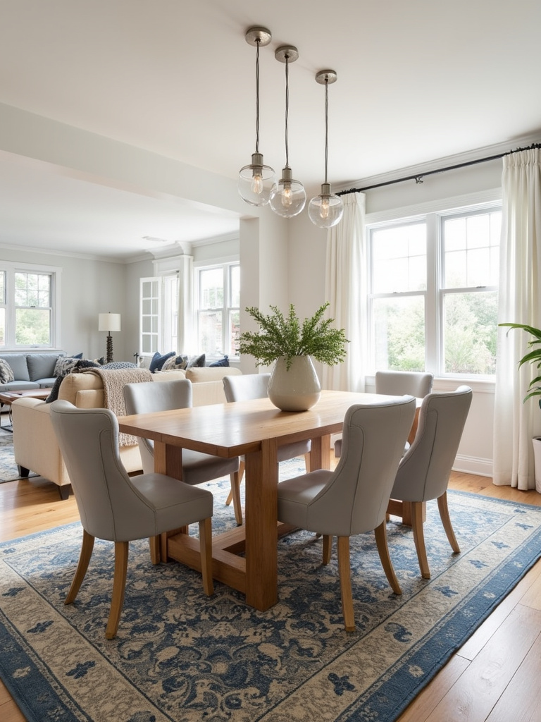 Dining room with a rectangular wooden table and blue and beige patterned rug, defining the dining space.