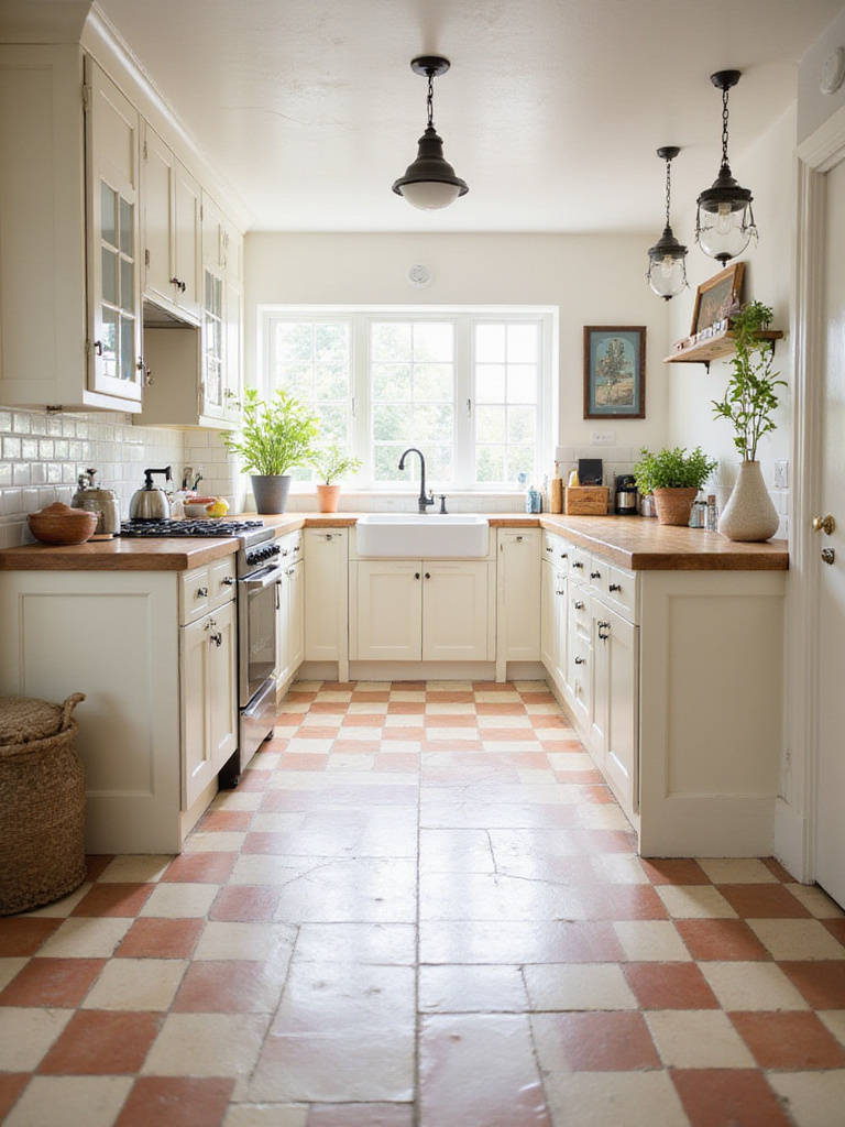 Farmhouse kitchen with classic cream and terracotta checkered floors.
