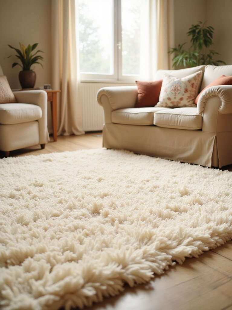 Cozy living room with soft shag rug layered over natural fiber rug.