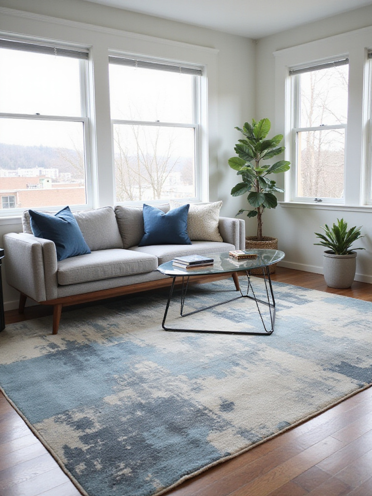 Modern living room with grey sofa and abstract patterned area rug