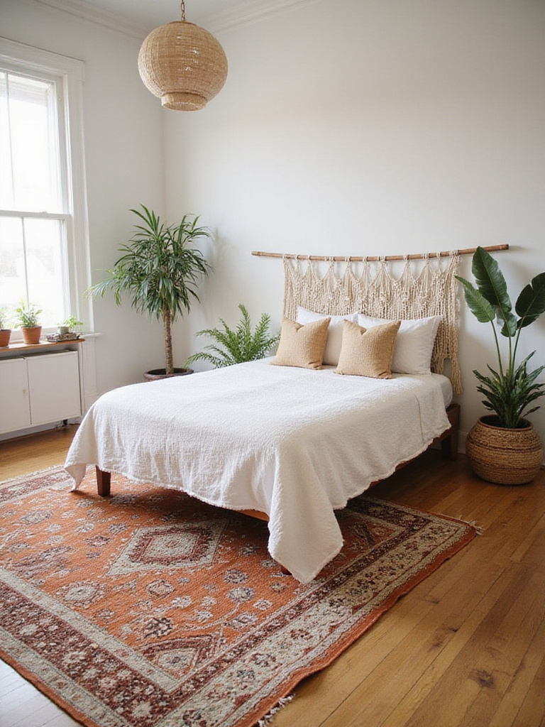 Boho bedroom with Moroccan woven rug