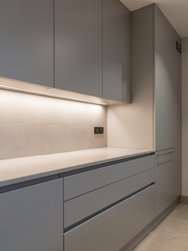 Modern kitchen with sleek, handleless gray cabinets and under-cabinet lighting.