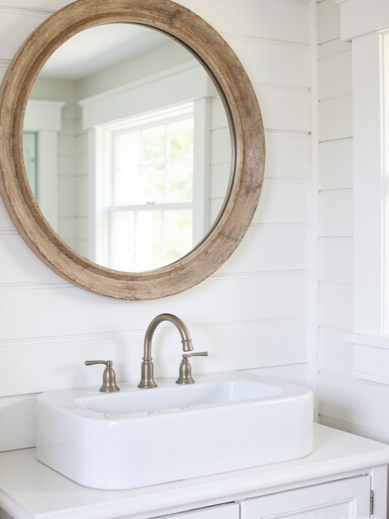 Farmhouse bathroom with vintage-inspired mirror above vanity