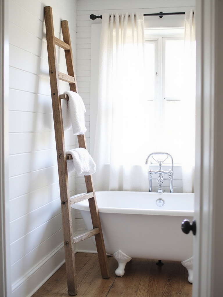 Wooden ladder leaning against a shiplap wall in a farmhouse bathroom, used as a towel rack.