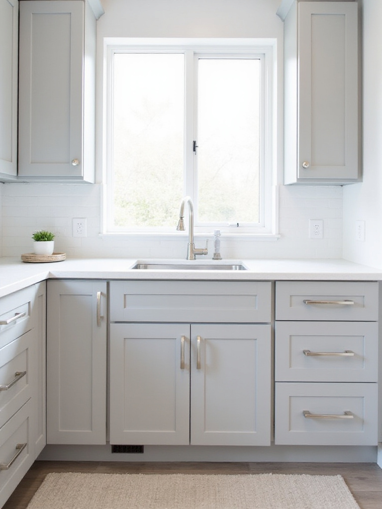 Small kitchen featuring streamlined brushed nickel bar pulls on light grey cabinets.