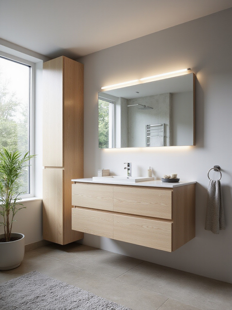 Modern bathroom with floating vanity and integrated hidden storage solutions.