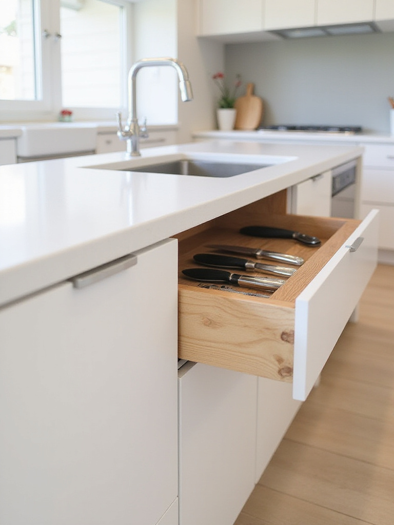 Hidden knife block drawer integrated into a modern kitchen island, showcasing safe and stylish knife storage.