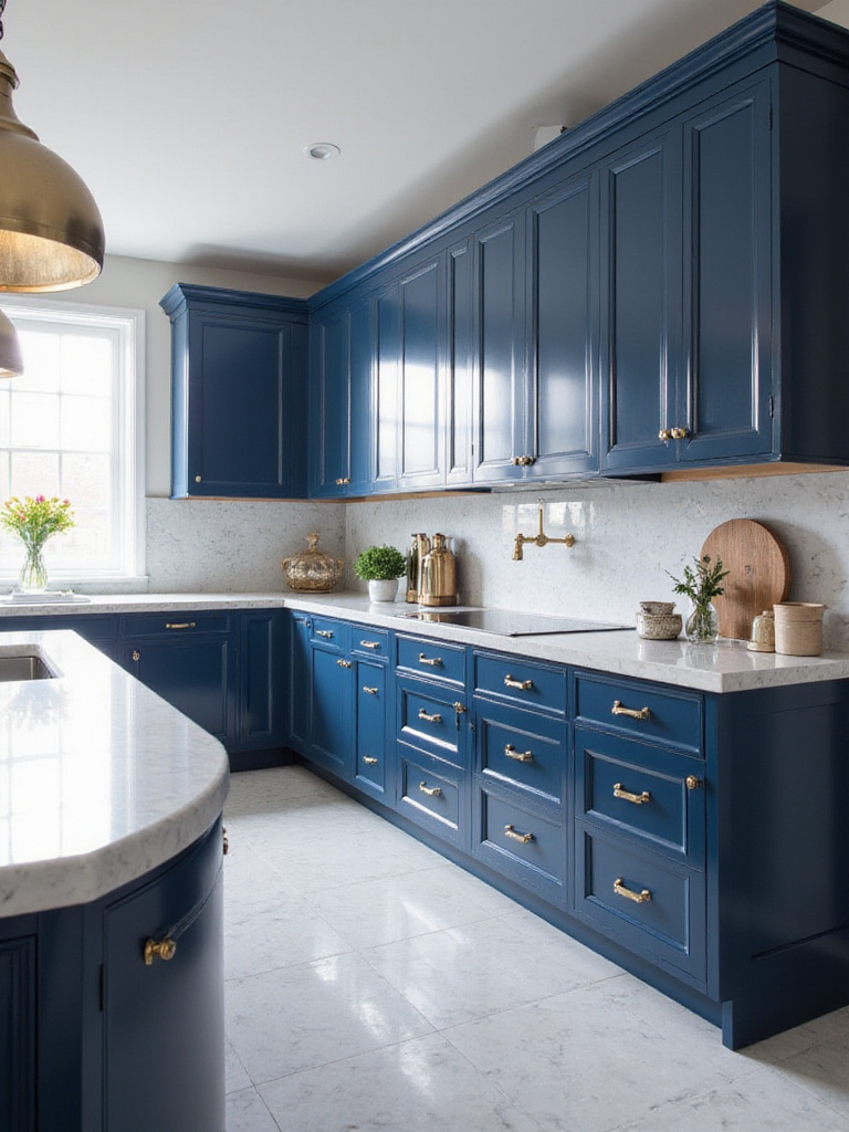 Luxurious kitchen with high-gloss navy blue cabinets and white quartz countertops