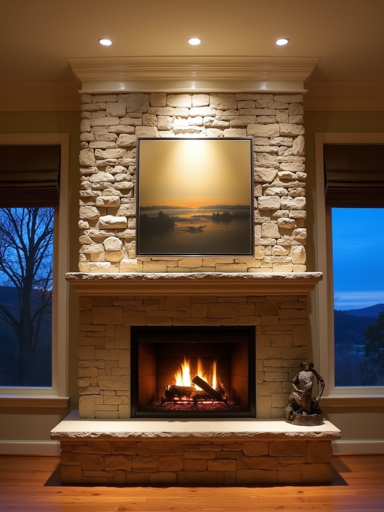 Living room with stone fireplace highlighted by spotlights and crown molding illuminated by LED strip lights.