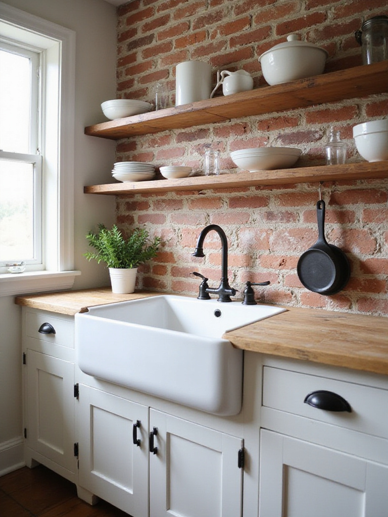 Farmhouse kitchen with exposed brick backsplash and white farmhouse sink