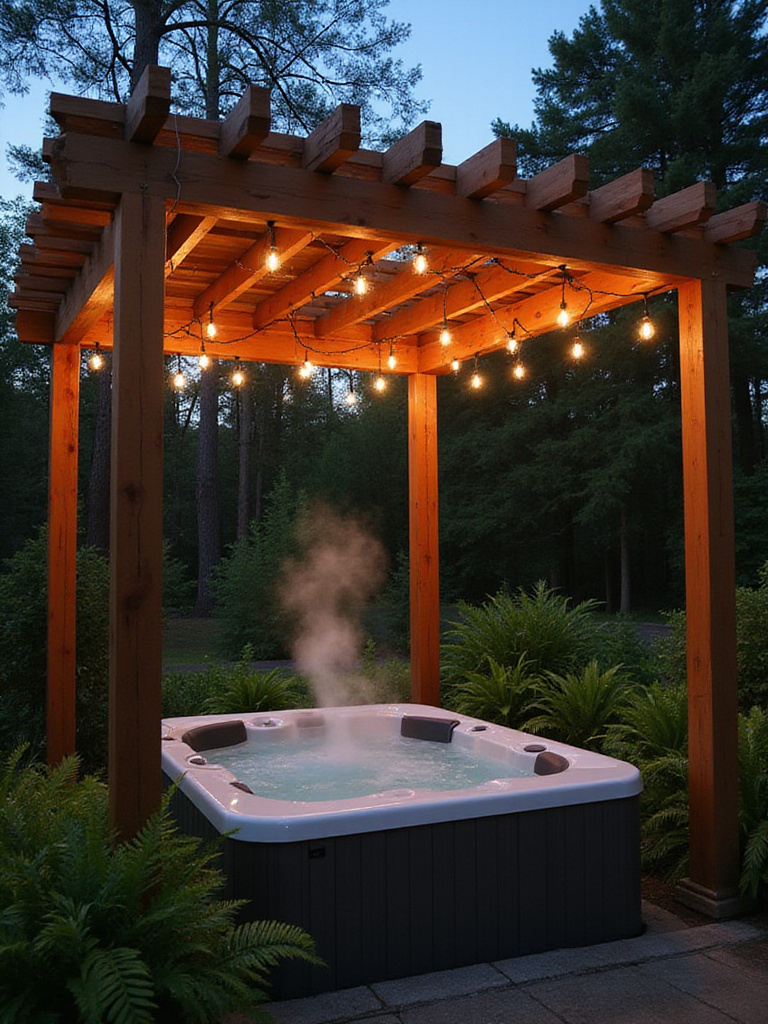 Hot tub under a cedar pergola with string lights, surrounded by lush greenery.