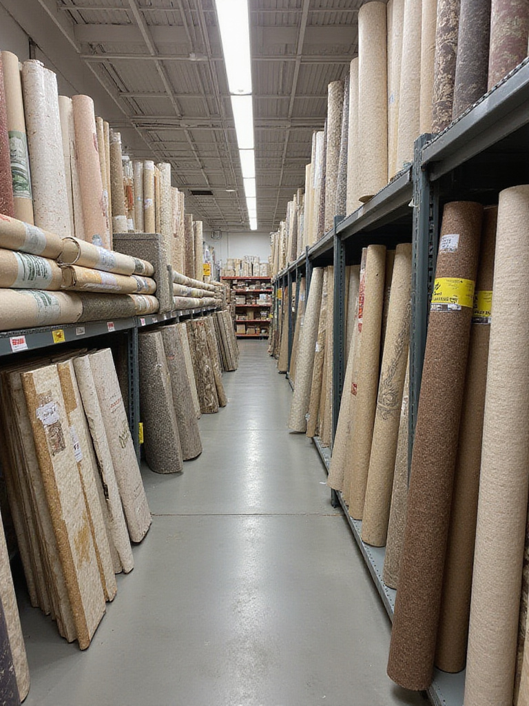 Discounted wallpaper rolls on shelves in a store clearance section.