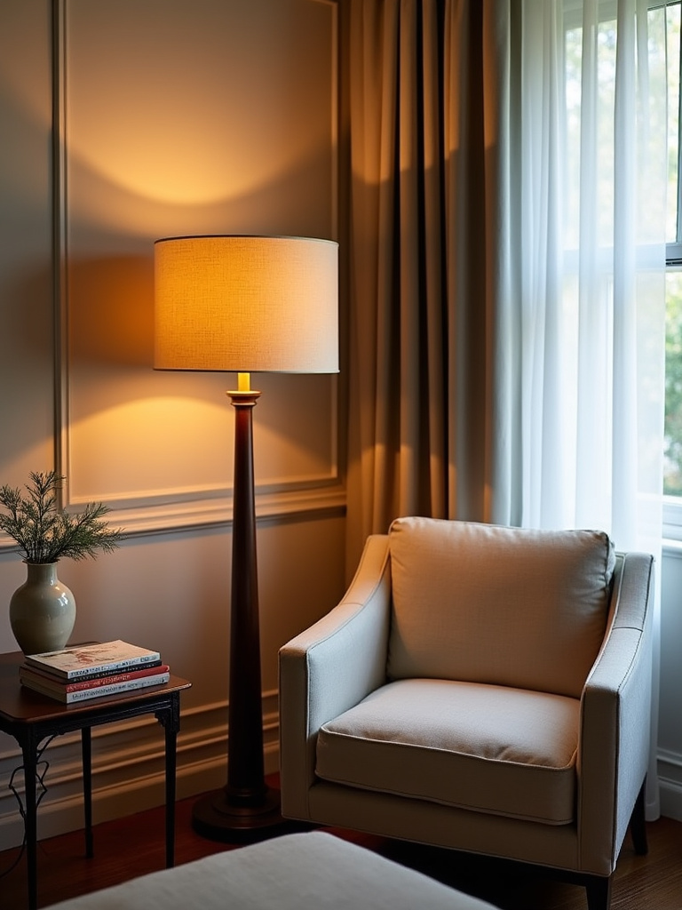 Living room corner illuminated by a floor lamp, creating depth and banishing shadows.