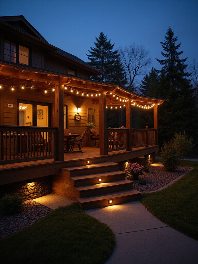 Deck illuminated with string lights, recessed lighting, and spotlights at dusk, creating a warm and inviting outdoor living space