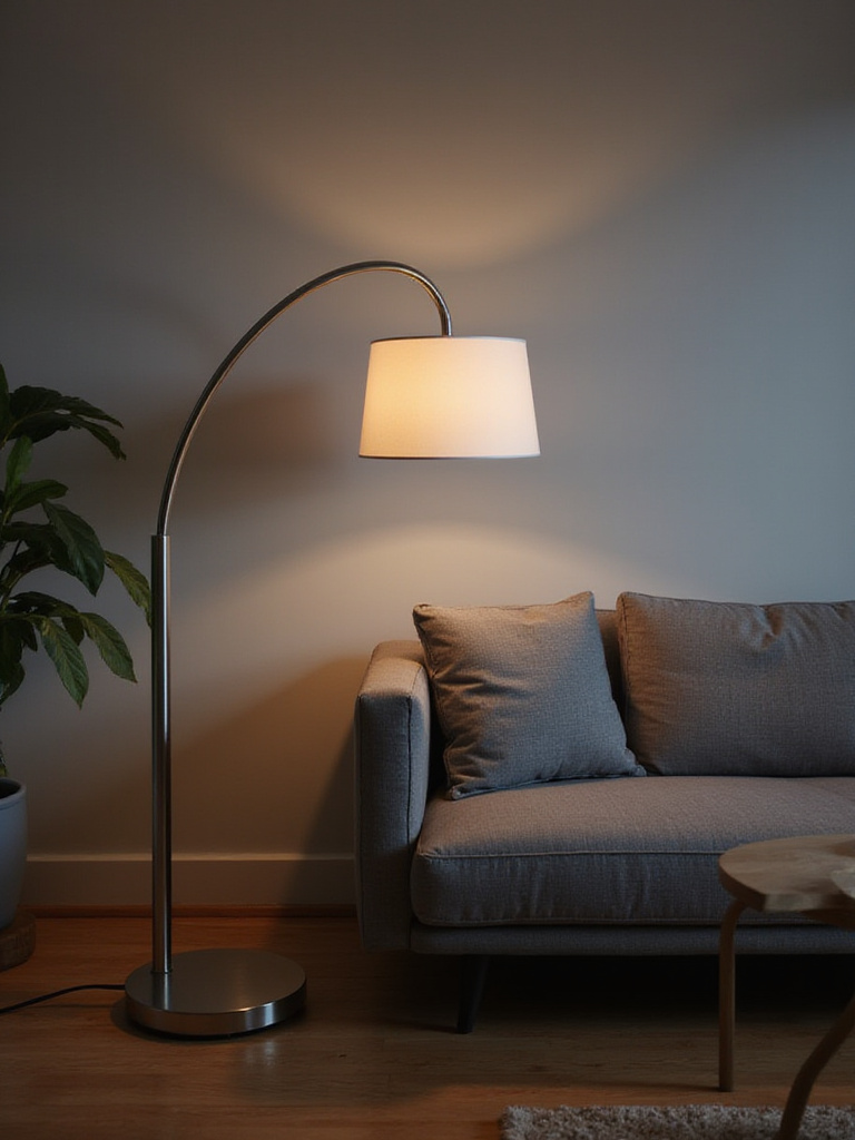 Modern living room with grey sofa illuminated by a brushed steel arc floor lamp.