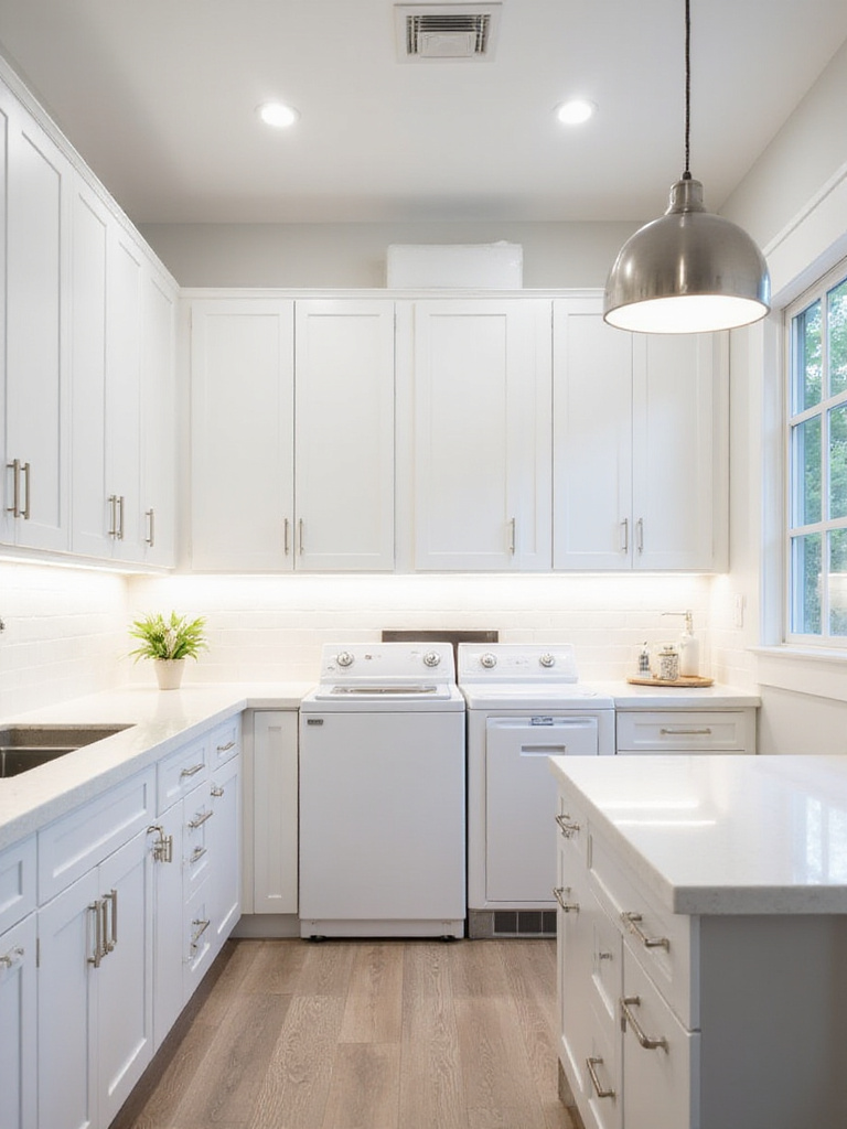 Bright and modern laundry room with recessed lighting, under-cabinet LED strips, and a stylish pendant light.