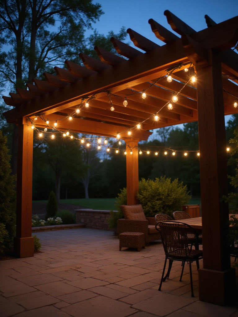 Patio pergola illuminated with warm white string lights creating a magical outdoor ambiance at dusk.