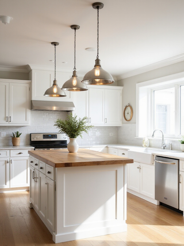Farmhouse kitchen with metal pendant lighting over a butcher block island