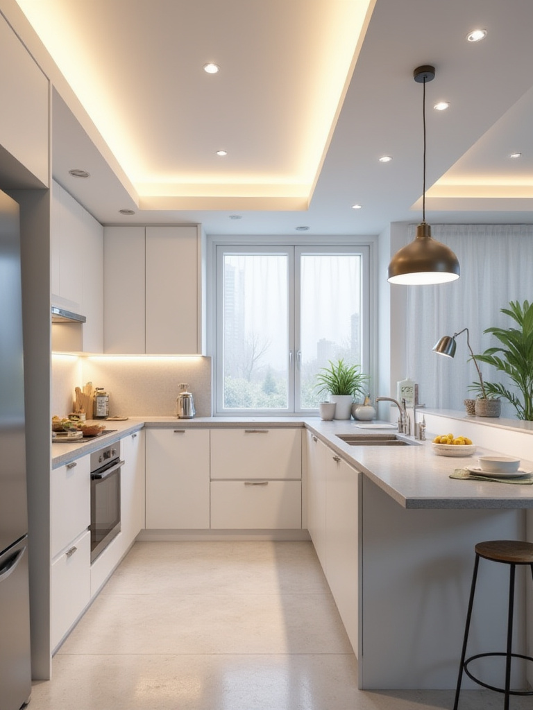 Small kitchen with layered lighting: recessed, under-cabinet, and pendant lights.