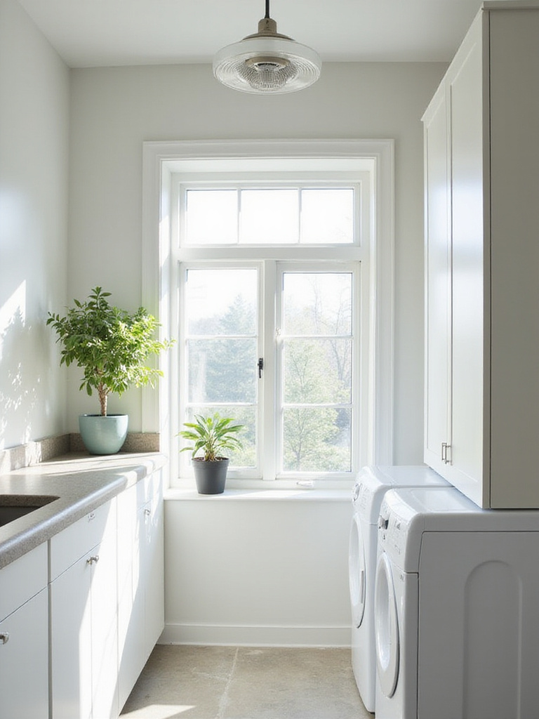 Bright and airy laundry room with open window and exhaust fan promoting good ventilation.