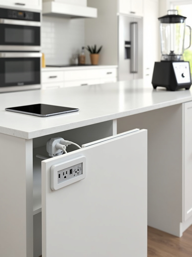 Kitchen island with pop-up electrical outlet powering a blender and charging a tablet.