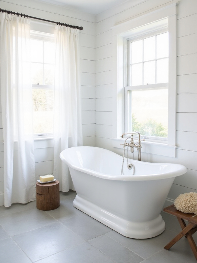 Freestanding slipper tub in a bright farmhouse bathroom with shiplap walls.