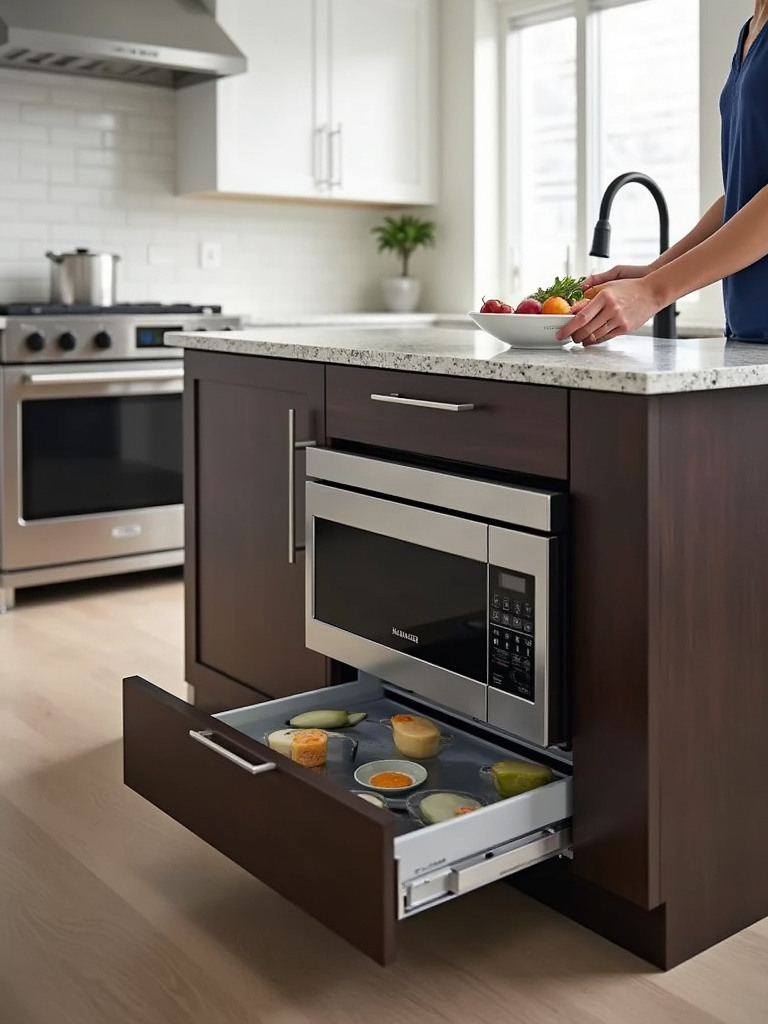 Kitchen island with built-in microwave and wine fridge.