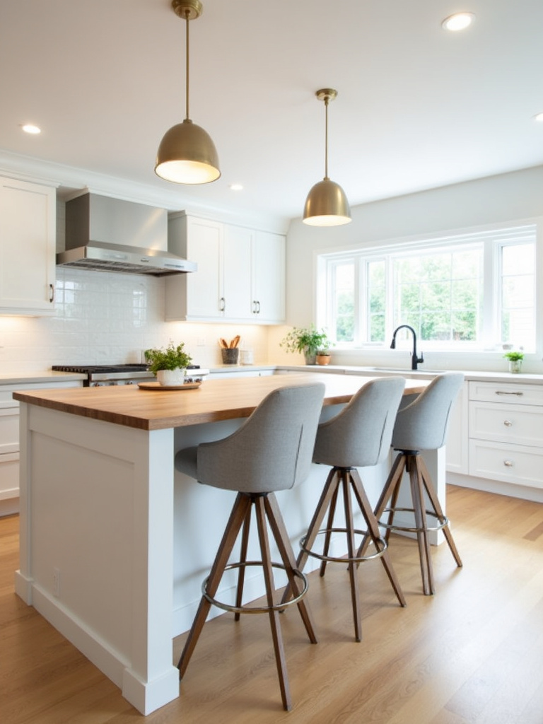 Kitchen island with comfortable bar stool seating and pendant lighting.