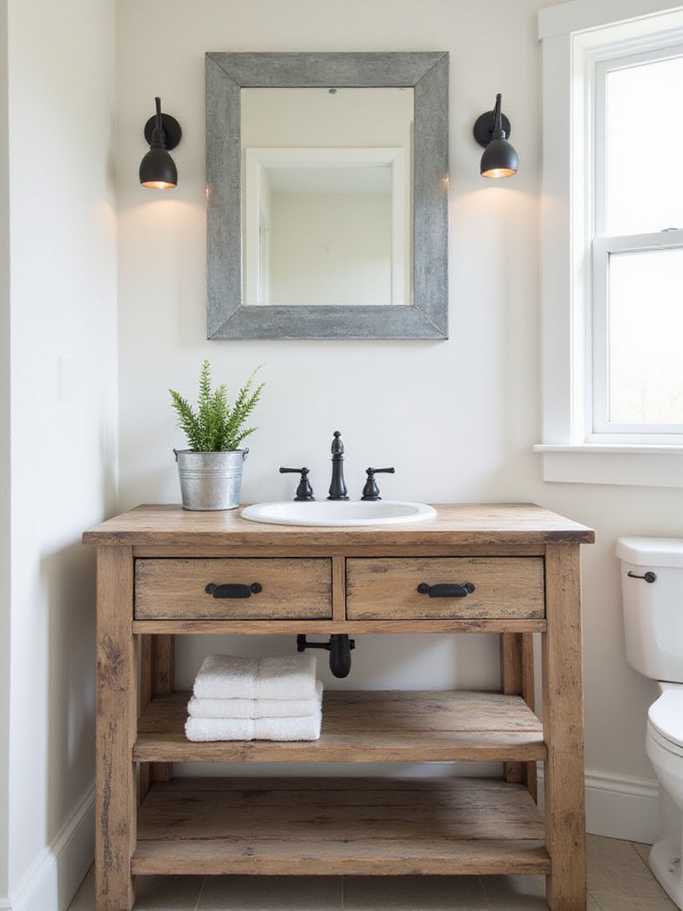 Farmhouse bathroom with galvanized metal mirror and sconces.