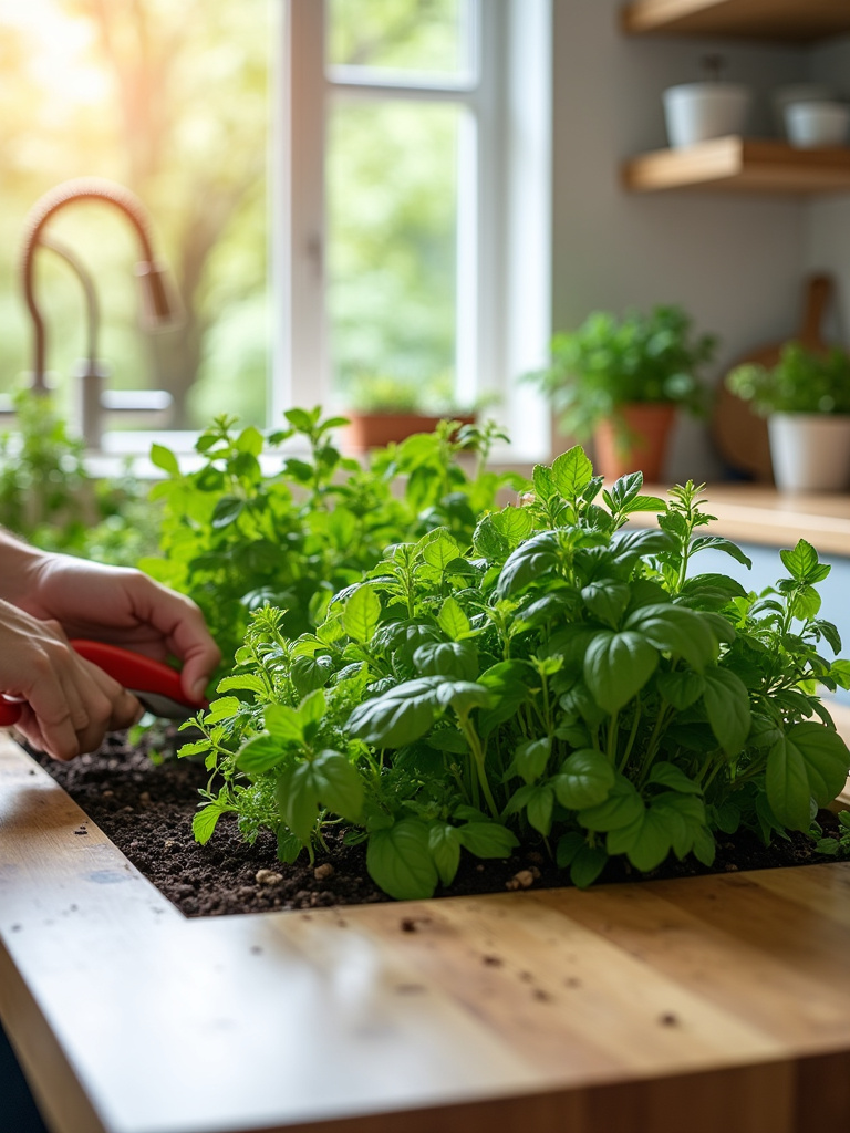 Kitchen island with built-in herb garden providing fresh herbs for cooking