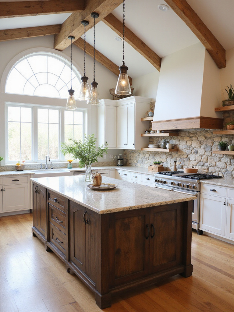 Farmhouse kitchen featuring reclaimed wood island and stone backsplash.