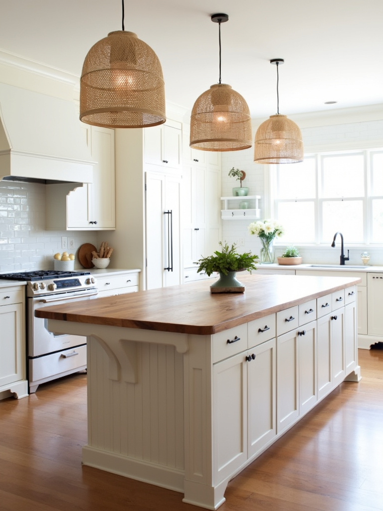 Kitchen island with natural wood shiplap and butcher block countertop adding warmth and texture to the space.