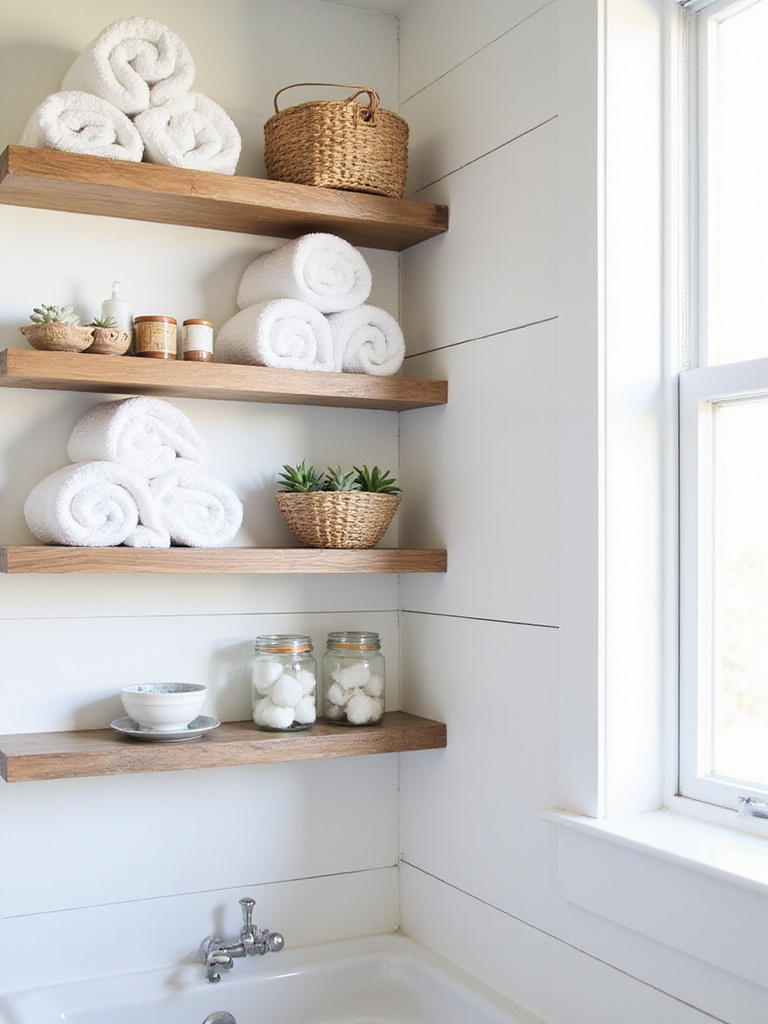 Farmhouse bathroom with open shelving displaying towels, baskets, and decorative items.