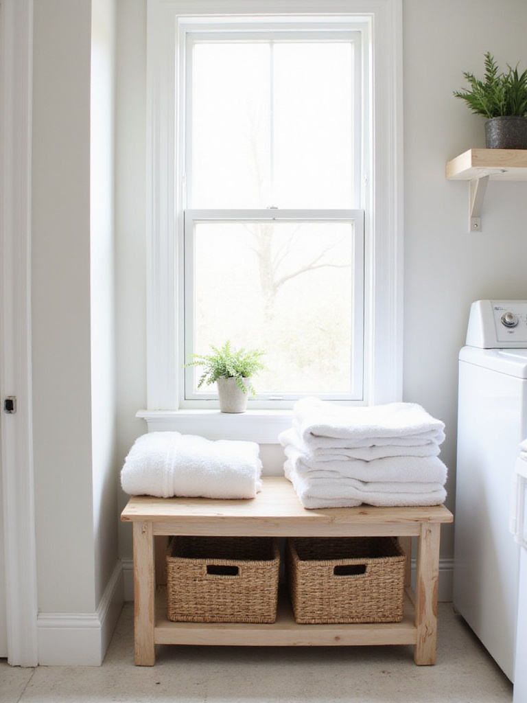 Laundry room with wooden bench seating and storage baskets underneath.
