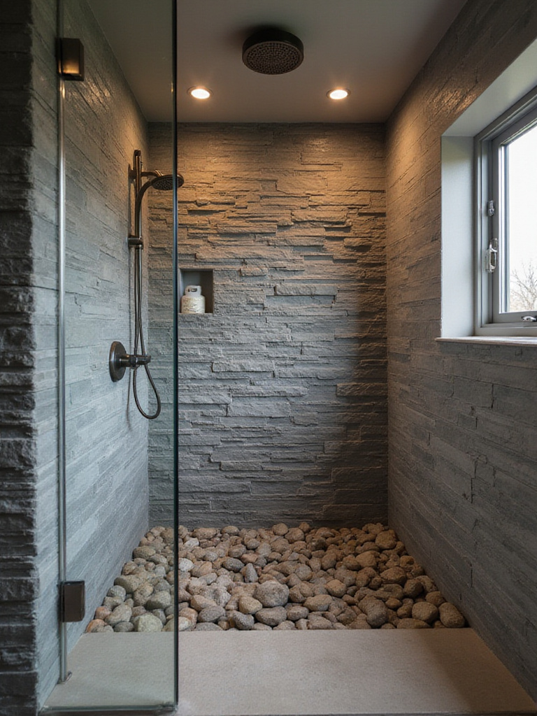 Rustic bathroom shower with slate stone wall and river rock floor.